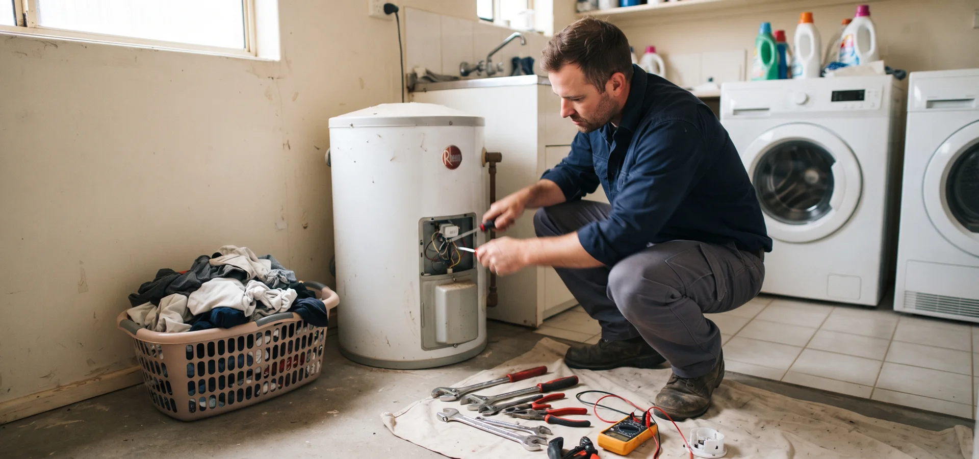 Perth plumber servicing an electric storage hot water tank with the element access panel open