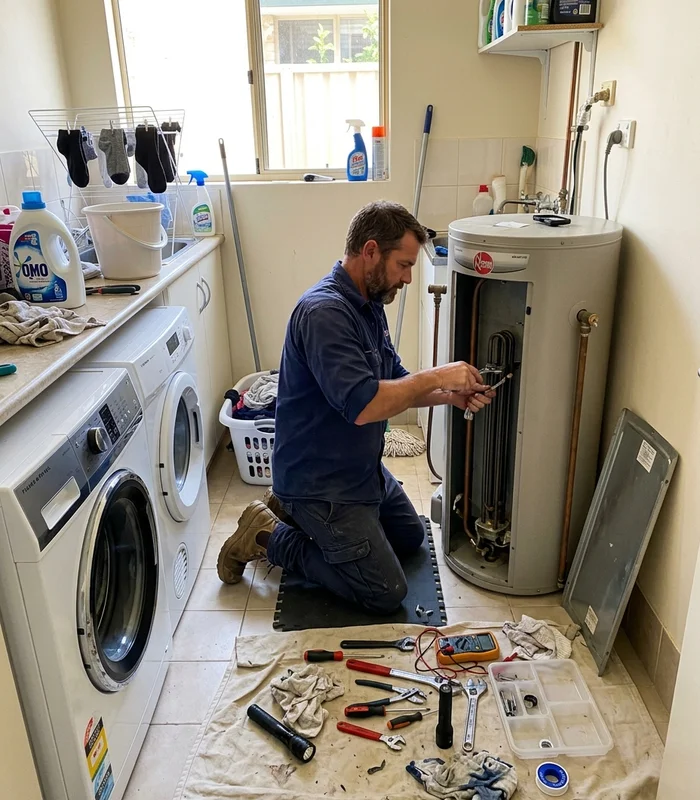 Plumber working on an open hot water storage tank in a Perth laundry