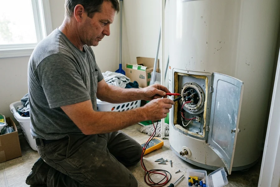 Plumber testing a hot water heating element with a multimeter beside the open access panel