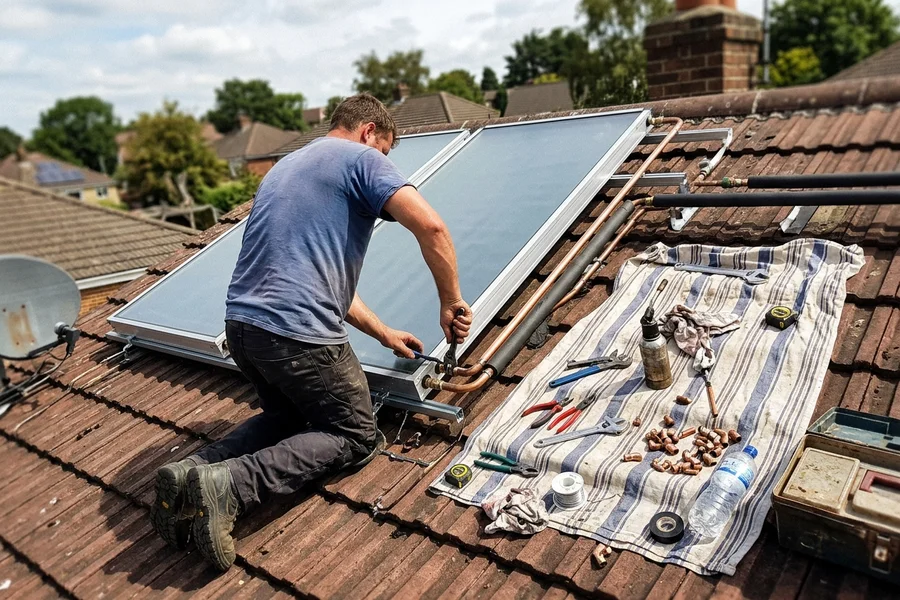 Plumber on a roof fitting flat plate solar collectors and connecting the flow and return lines