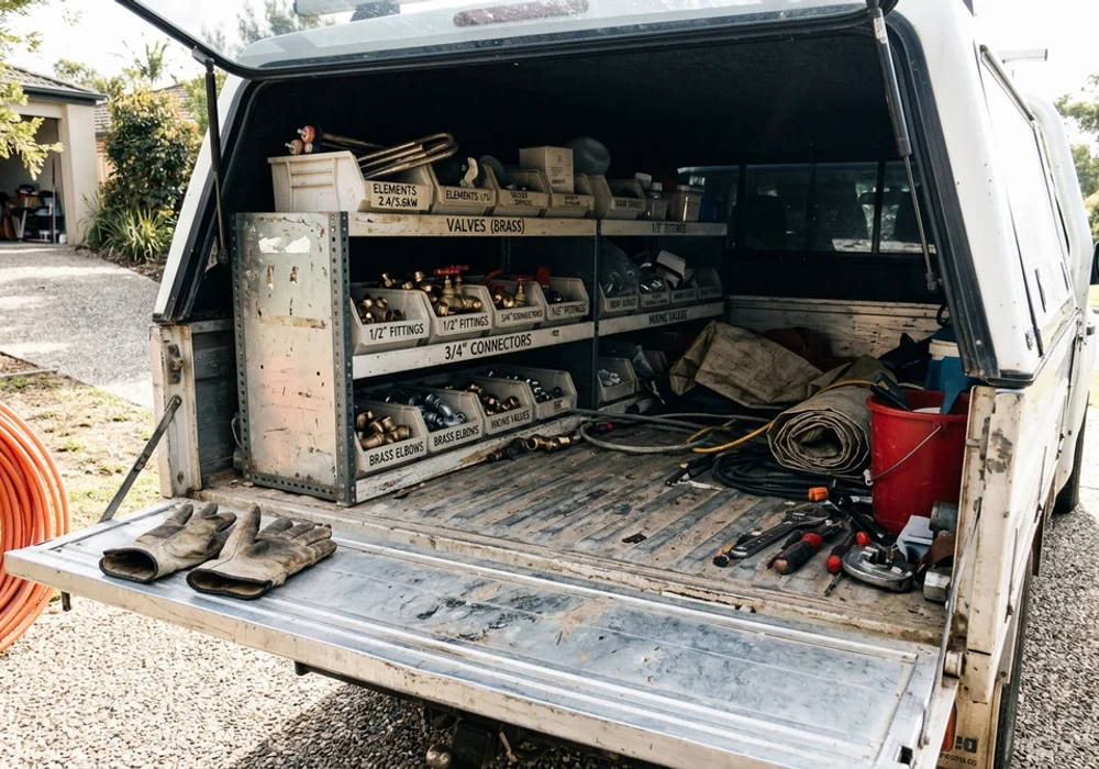 Work ute stocked with hot water elements, valves and fittings