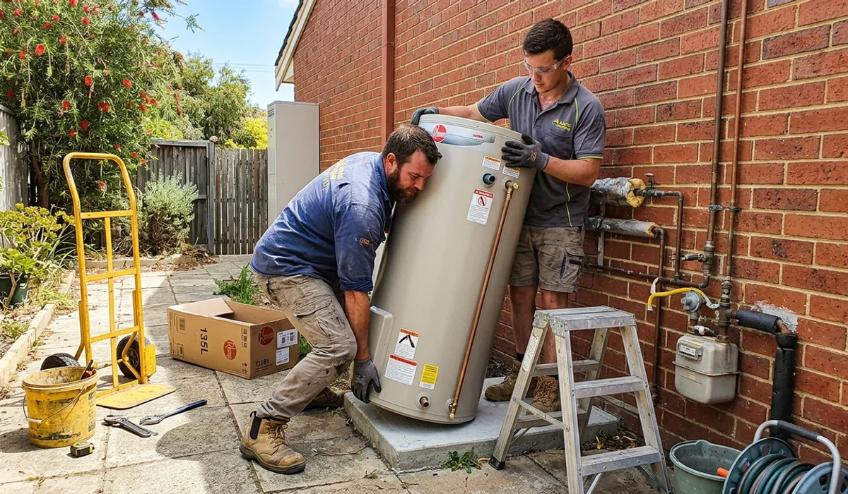 Two licensed Perth plumbers lifting a new hot water system into position